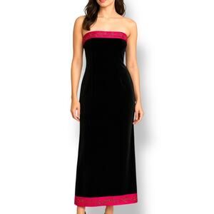 Vintage 90s Black Velvet Strapless Maxi Gown Pink Rose Trim Formal Evening XS